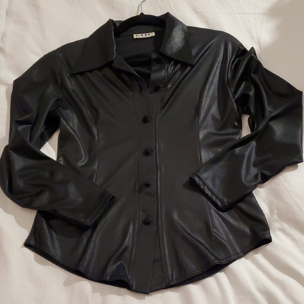 OTTO Glossy Black Button-Up Top